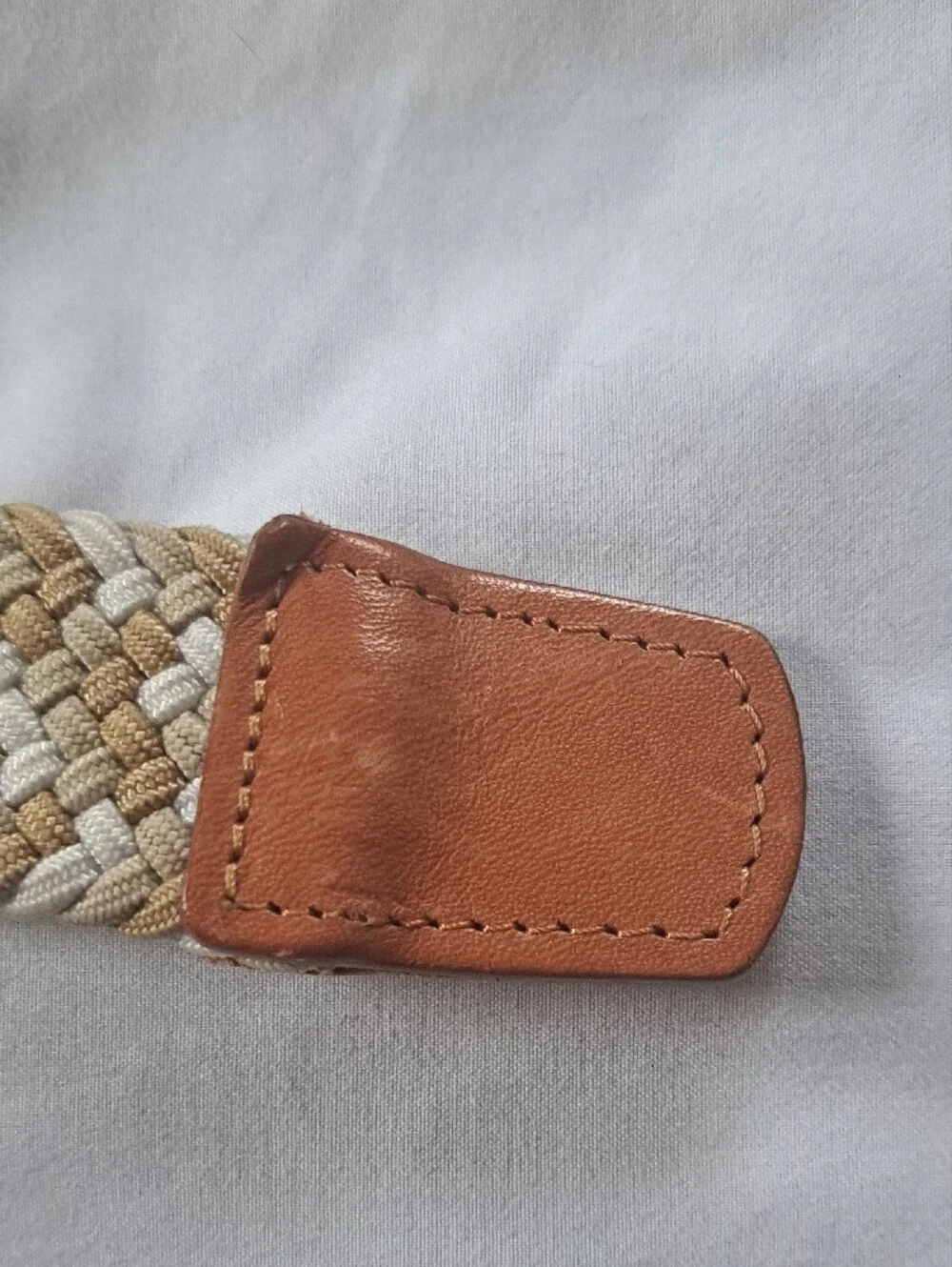Stretchy Braided Adjustable Belt W/ Leather Trim And Solid Brass Buckle Size 34